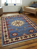 OPS Hand Knotted Afghan Wool And Silk Oriental Indoor Area Rug, Blue White